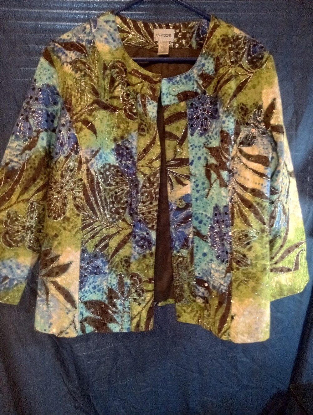 Chico's Blue and Green Floral Beaded Jacket